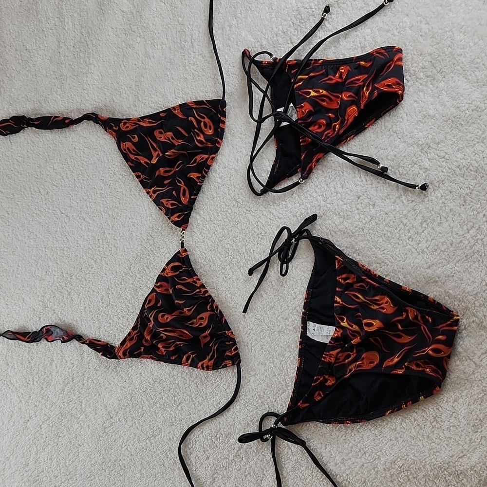 3 piece FIRE string bikini set size L, brazil back, full back & top black orange